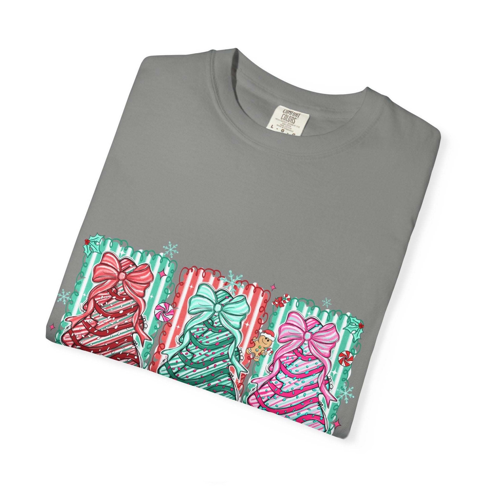 Oh Christmas Tree T-shirt with colorful decorated Christmas trees on cream garment-dyed fabric