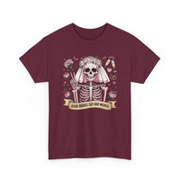 Bride Skull Illustration Tee featuring skeleton bride with roses and banner saying "Good brides say bad words" on white cotton shirt