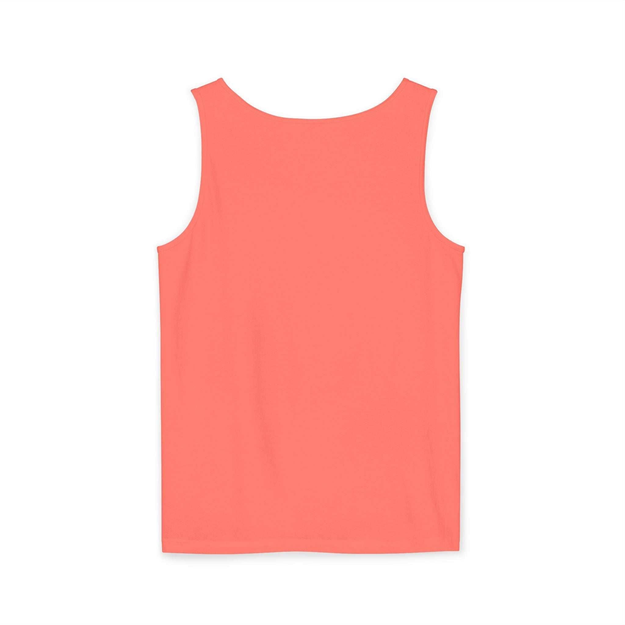 Coral-colored casual tank top with smooth fabric and relaxed fit, perfect for summer wear.