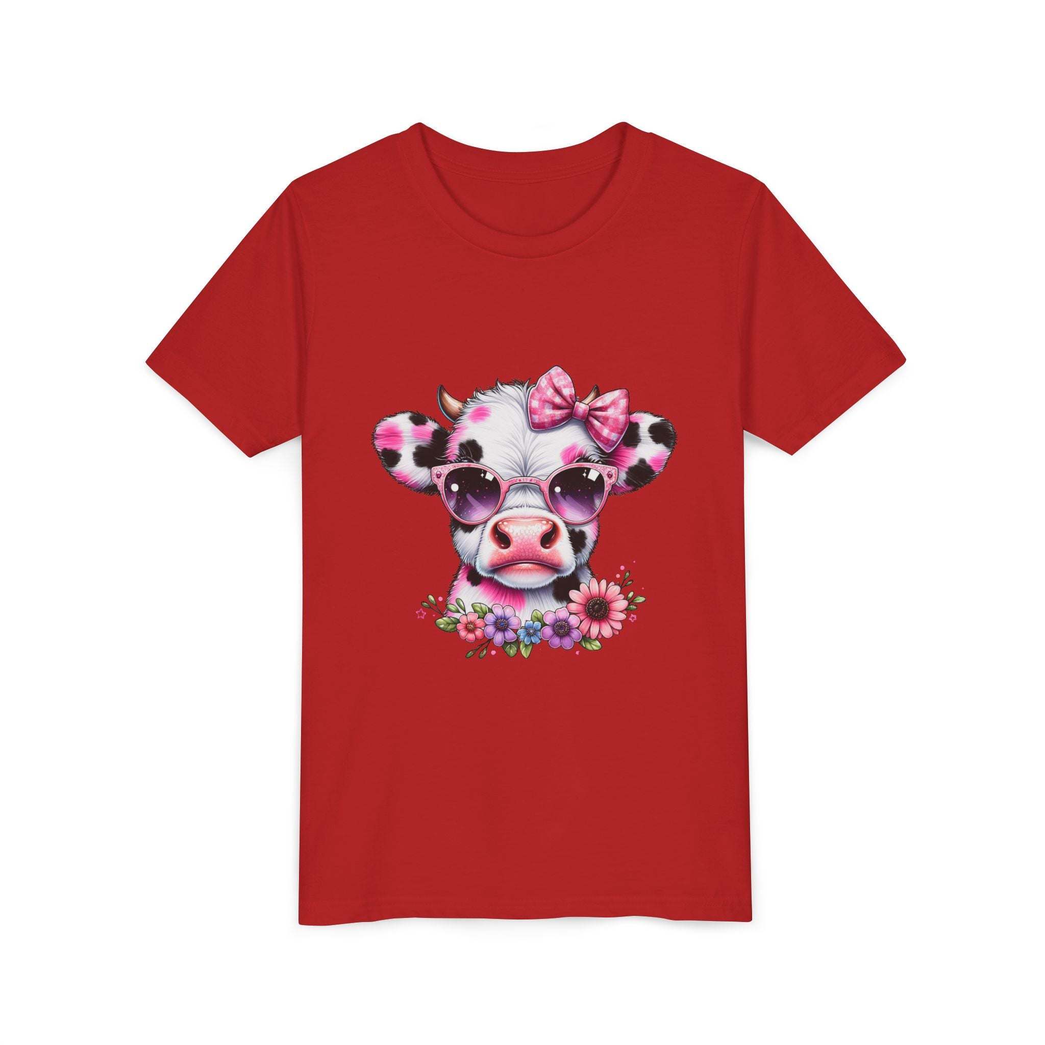 Pink floral highland cow graphic youth tee shirt for kids