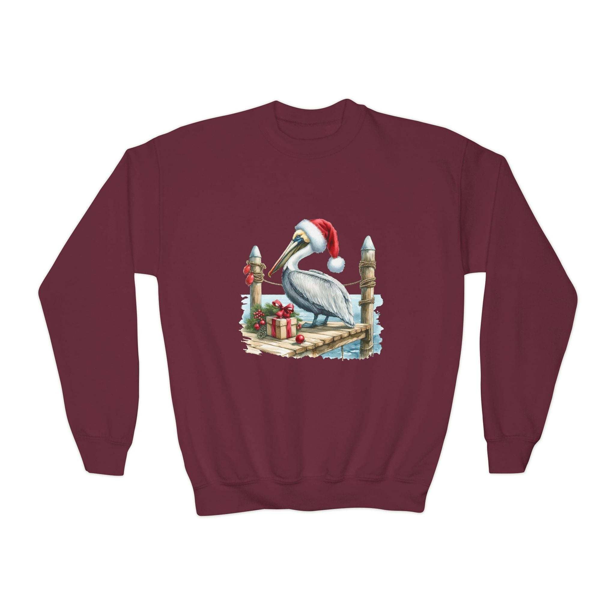 Youth maroon crewneck sweatshirt with embroidered pelican wearing Santa hat and holiday gifts design