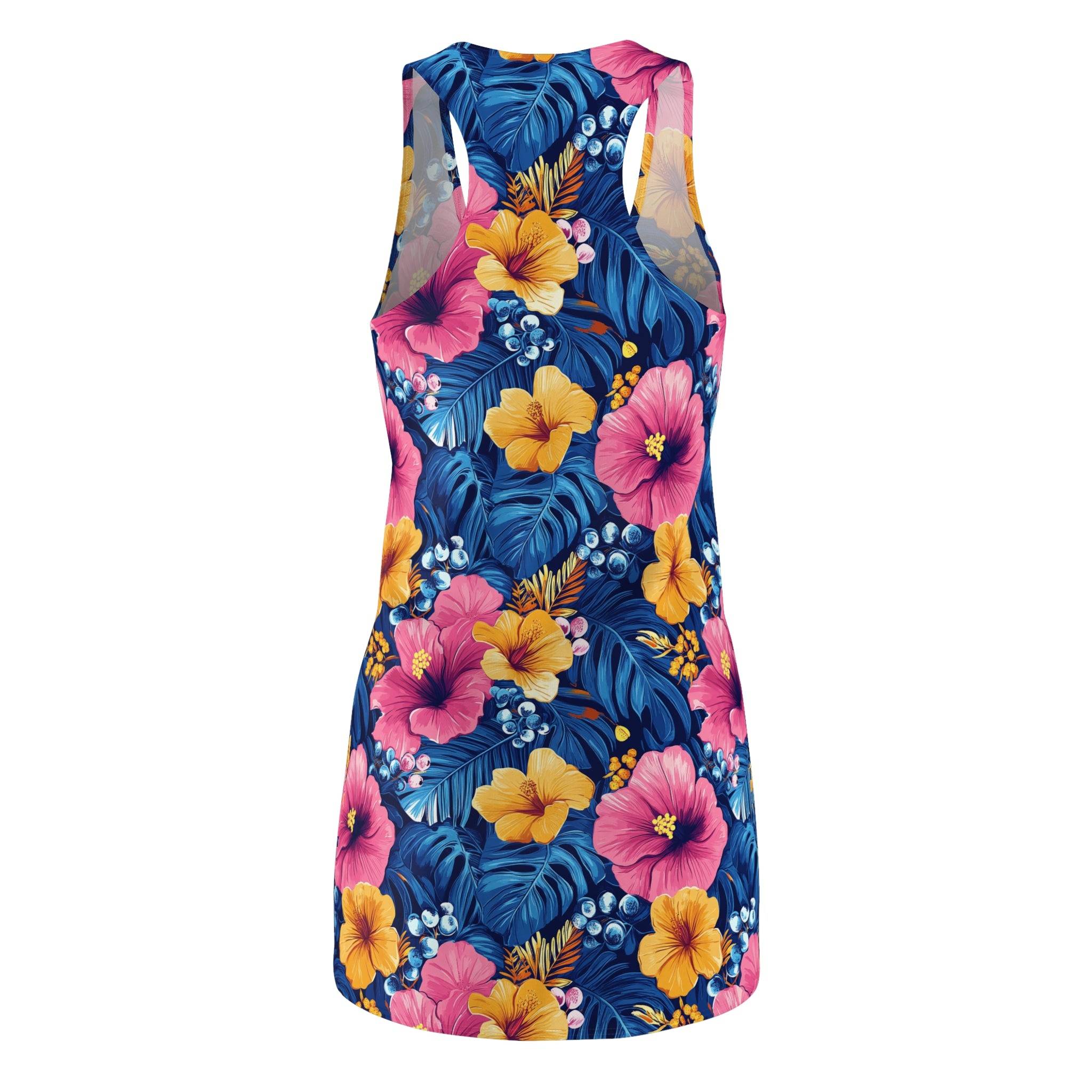Tropical Hibiscus Floral Racerback Dress | Blue Pink Yellow AOP
