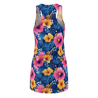 Tropical Hibiscus Floral Racerback Dress | Blue Pink Yellow AOP