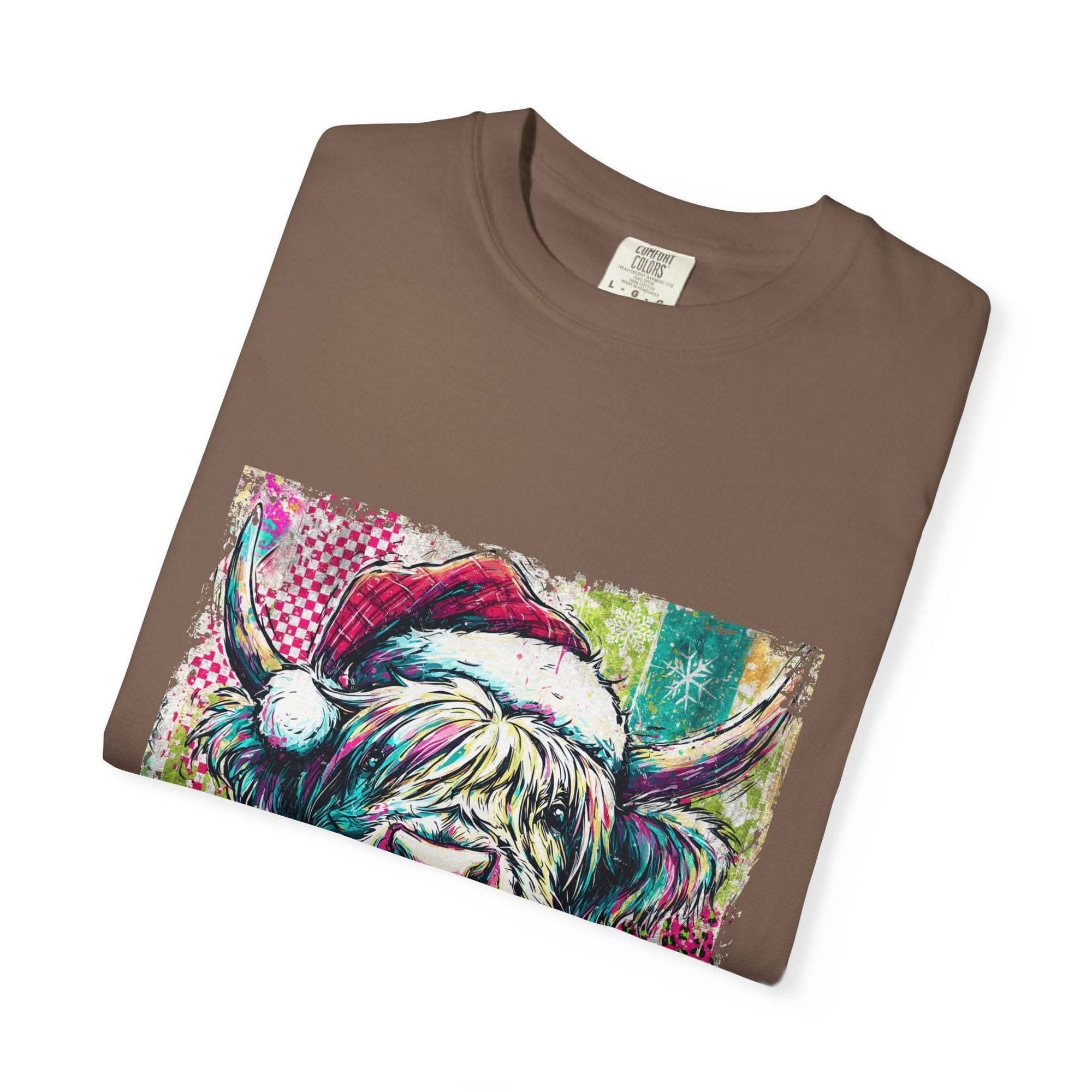 Retro Santa Highland Cow graphic on green cotton T-shirt