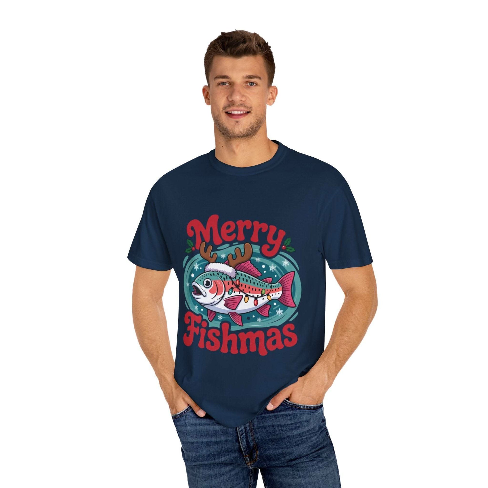 True Navy garment-dyed t-shirt featuring Merry Fishmas design for fishermen, by Printify