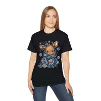 White t-shirt with retro patchwork reindeer design wearing blue scarf and surrounded by snowflakes
