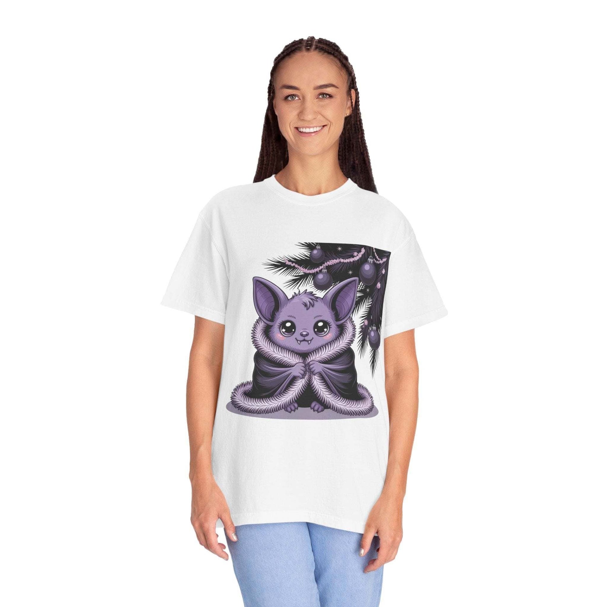 Woman wearing white Gothmas Bat T-Shirt with purple gothic bat design on front