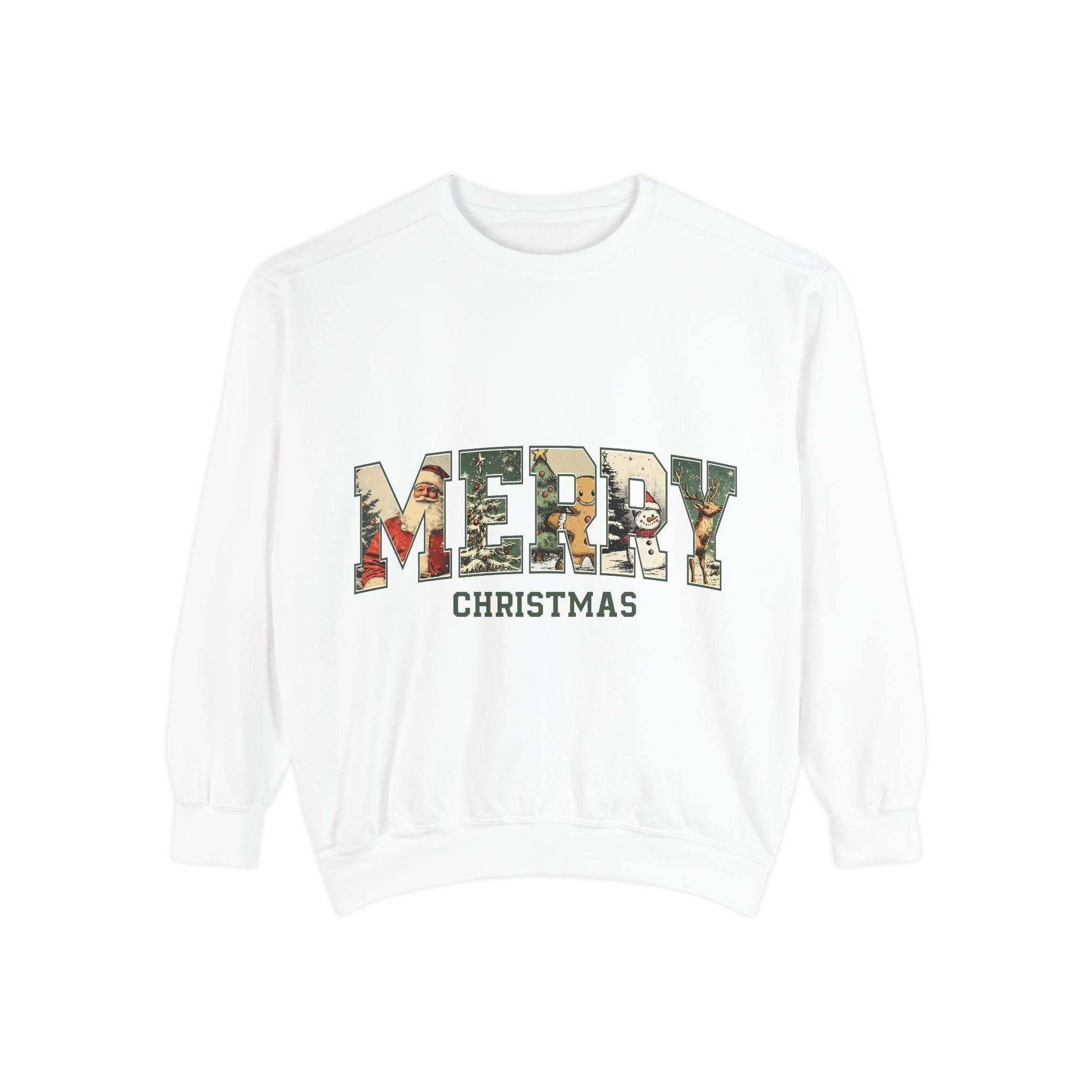 White vintage varsity Merry Christmas sweatshirt by Printify, featuring festive holiday lettering