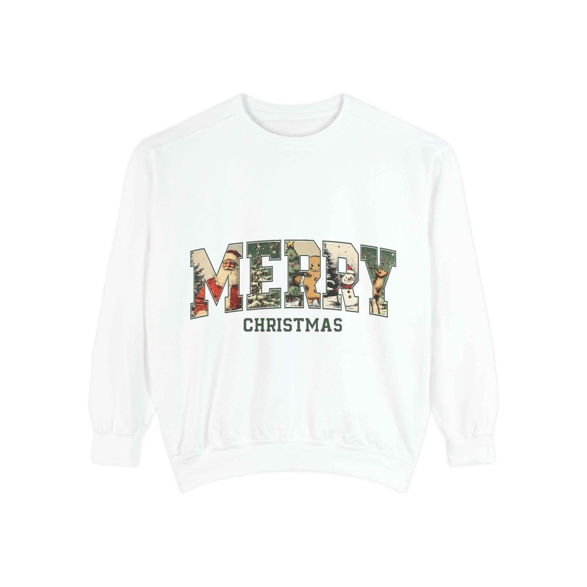 White vintage varsity Merry Christmas sweatshirt by Printify, featuring festive holiday lettering