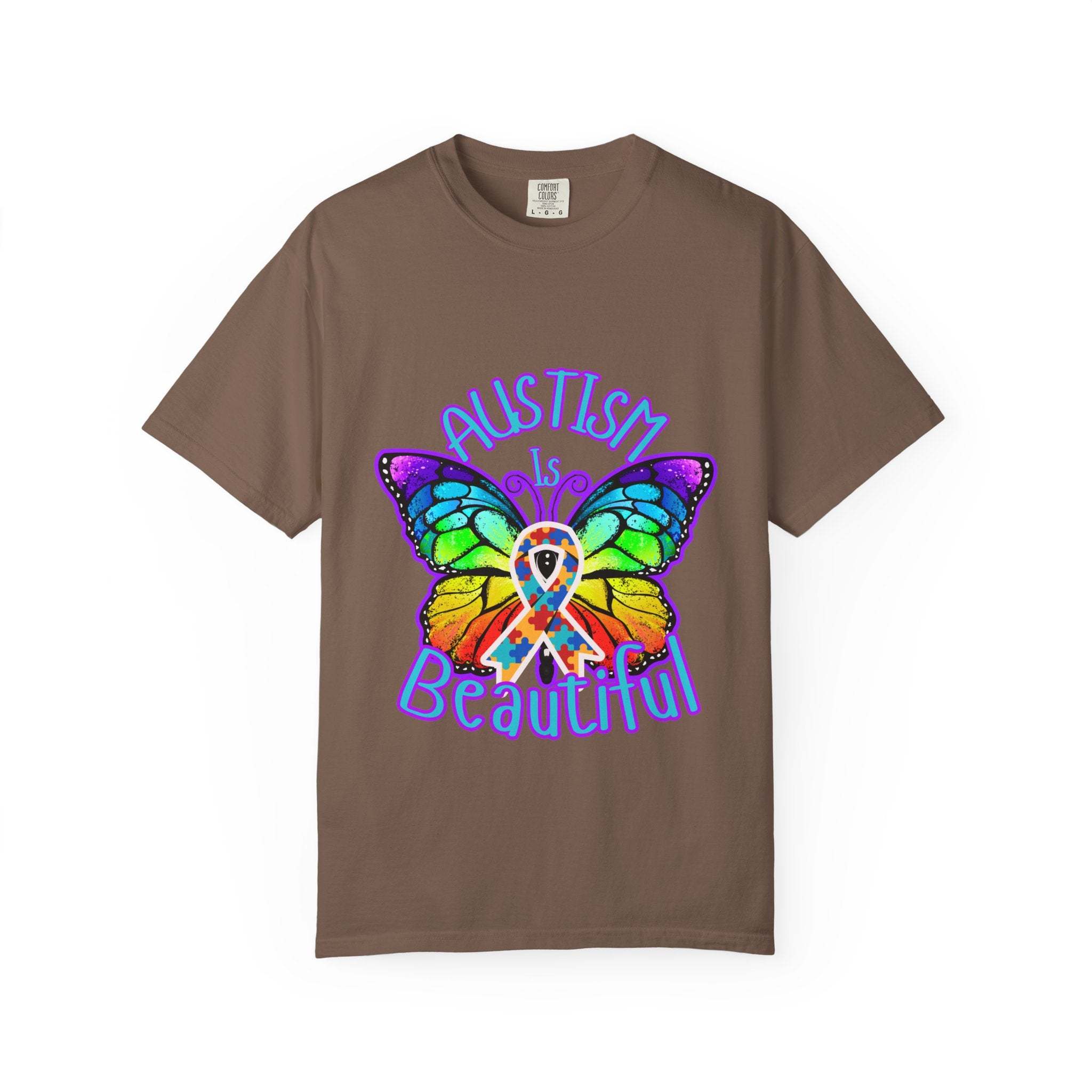 Autism is Beautiful T-shirt with colorful butterfly and awareness ribbon design on brown unisex cotton tee