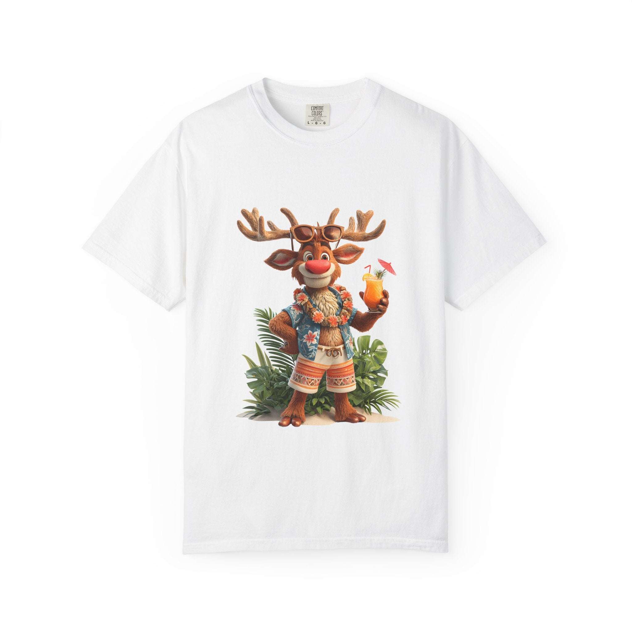 True Navy unisex garment-dyed t-shirt featuring a tropical vacation reindeer design