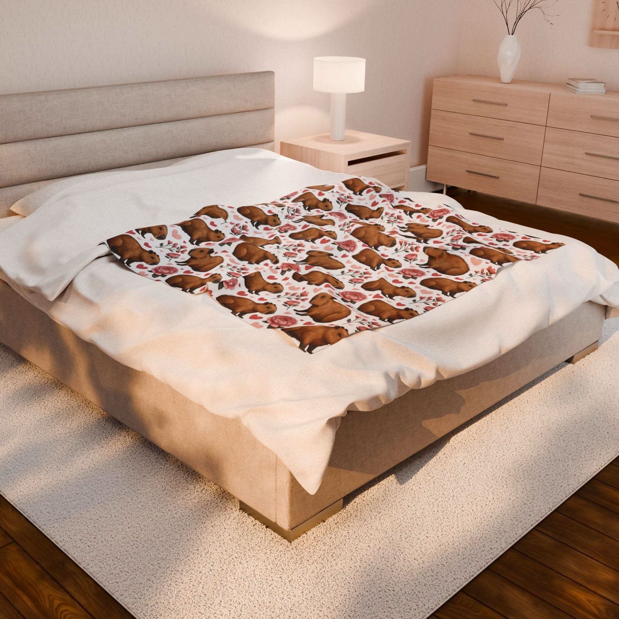Floral Capybara Valentines plush velveteen blanket with pastel blooms and cozy warmth