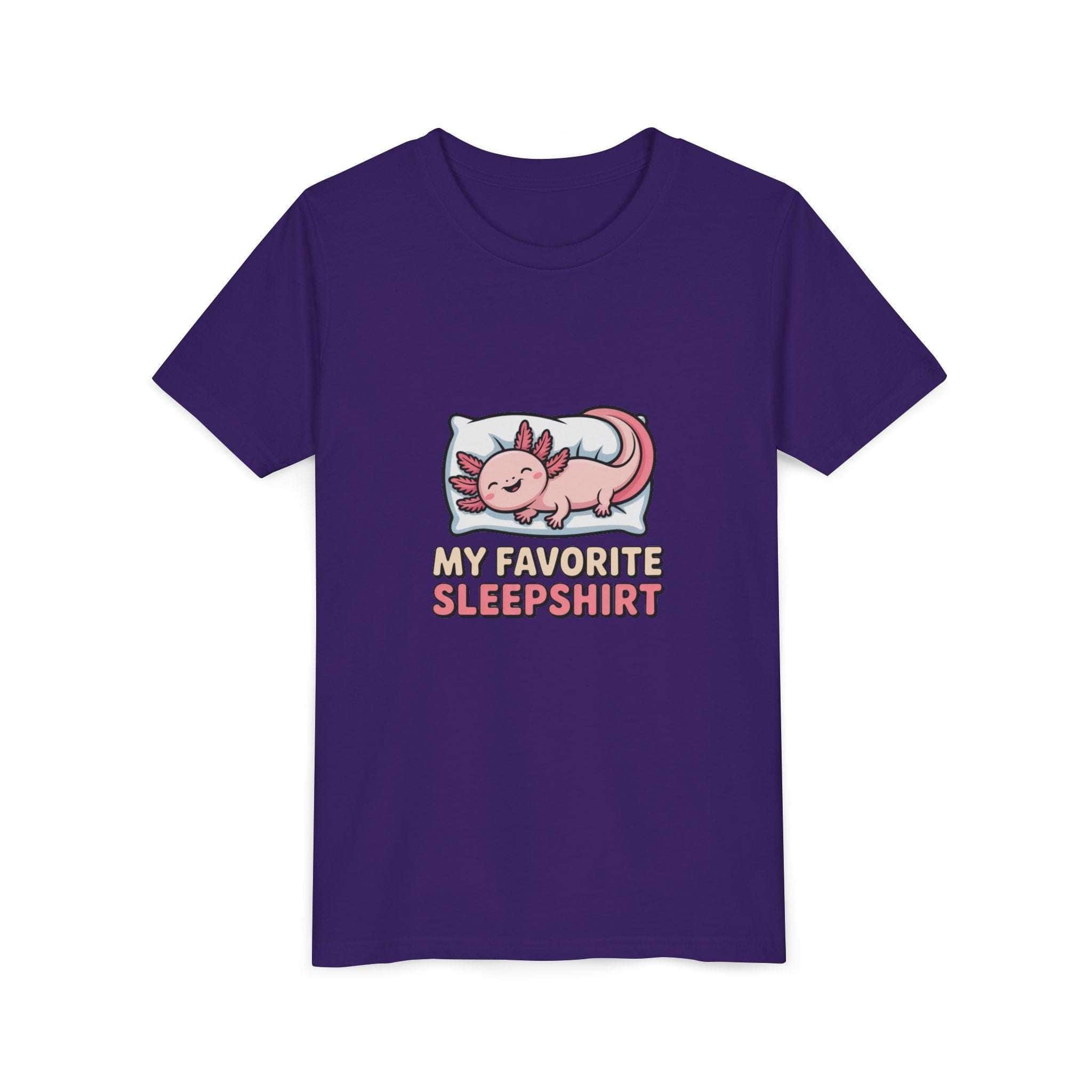 Purple t-shirt with axolotl graphic and text 'My Favorite Sleepshirt' on a white background