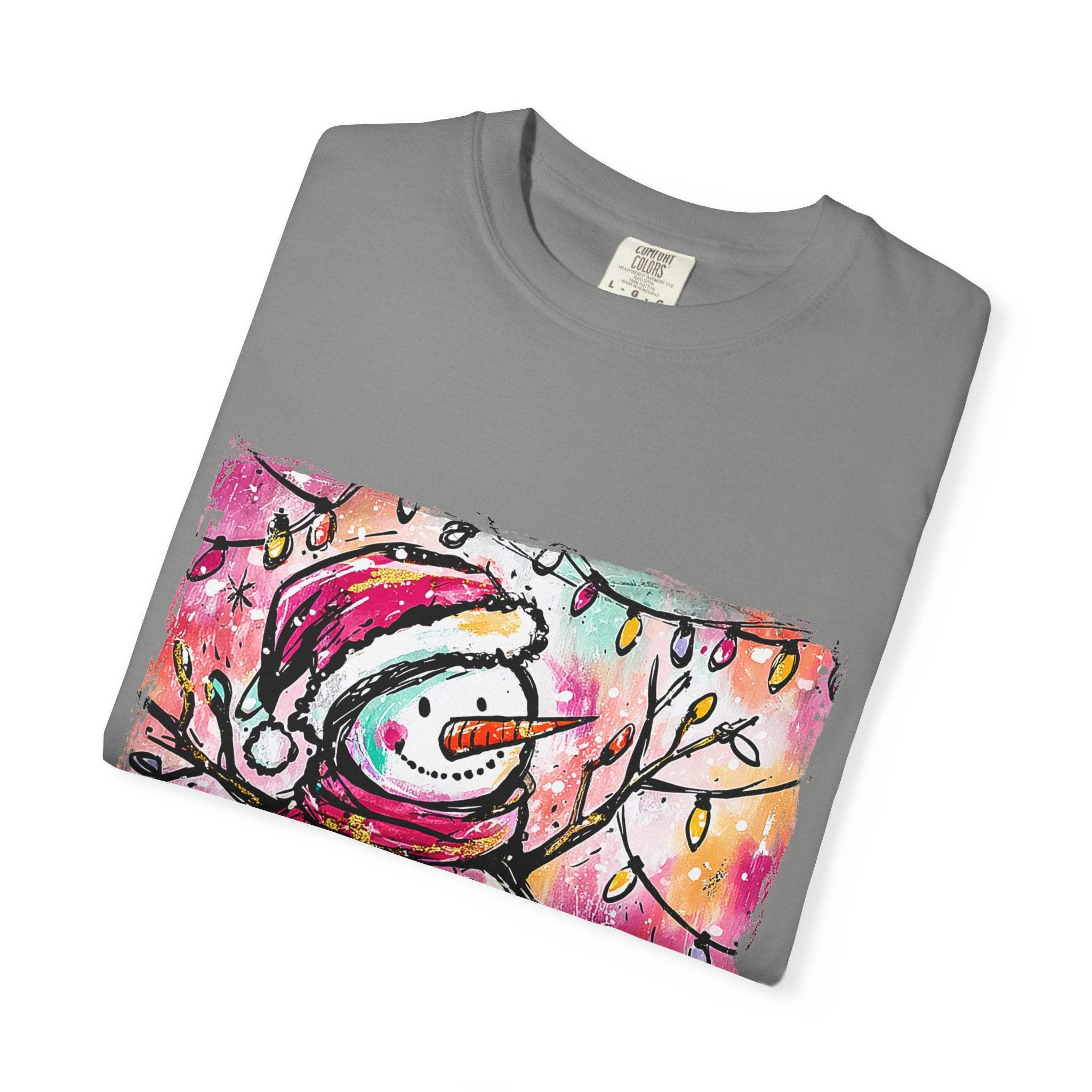 White unisex t-shirt featuring colorful disco ball snowman design, perfect for Christmas and dance parties by Printify