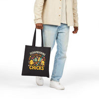 Scrapbooking with My Chicks Tote featuring playful chick craft design on durable cotton canvas bag