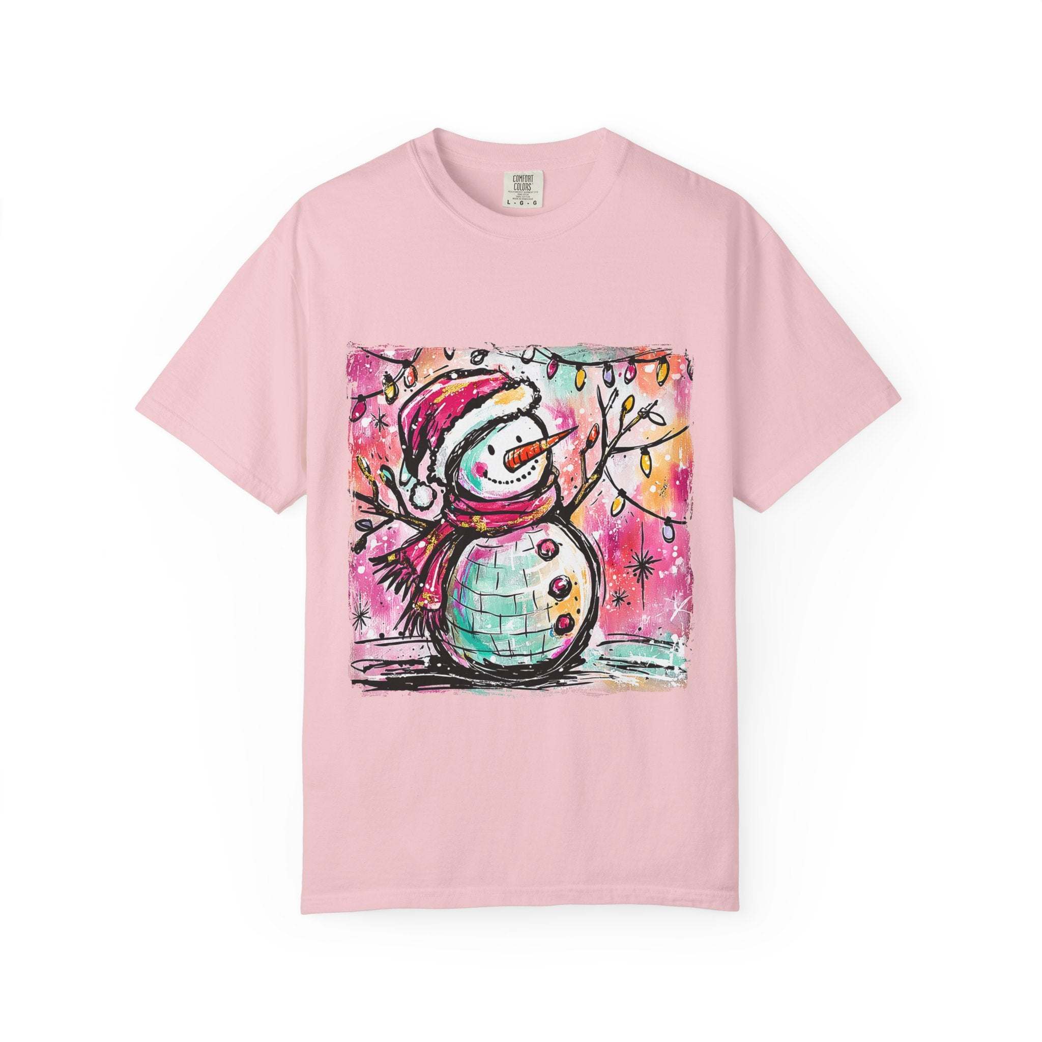 White unisex t-shirt featuring colorful disco ball snowman design, perfect for Christmas and dance parties by Printify