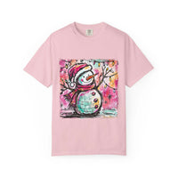 White unisex t-shirt featuring colorful disco ball snowman design, perfect for Christmas and dance parties by Printify