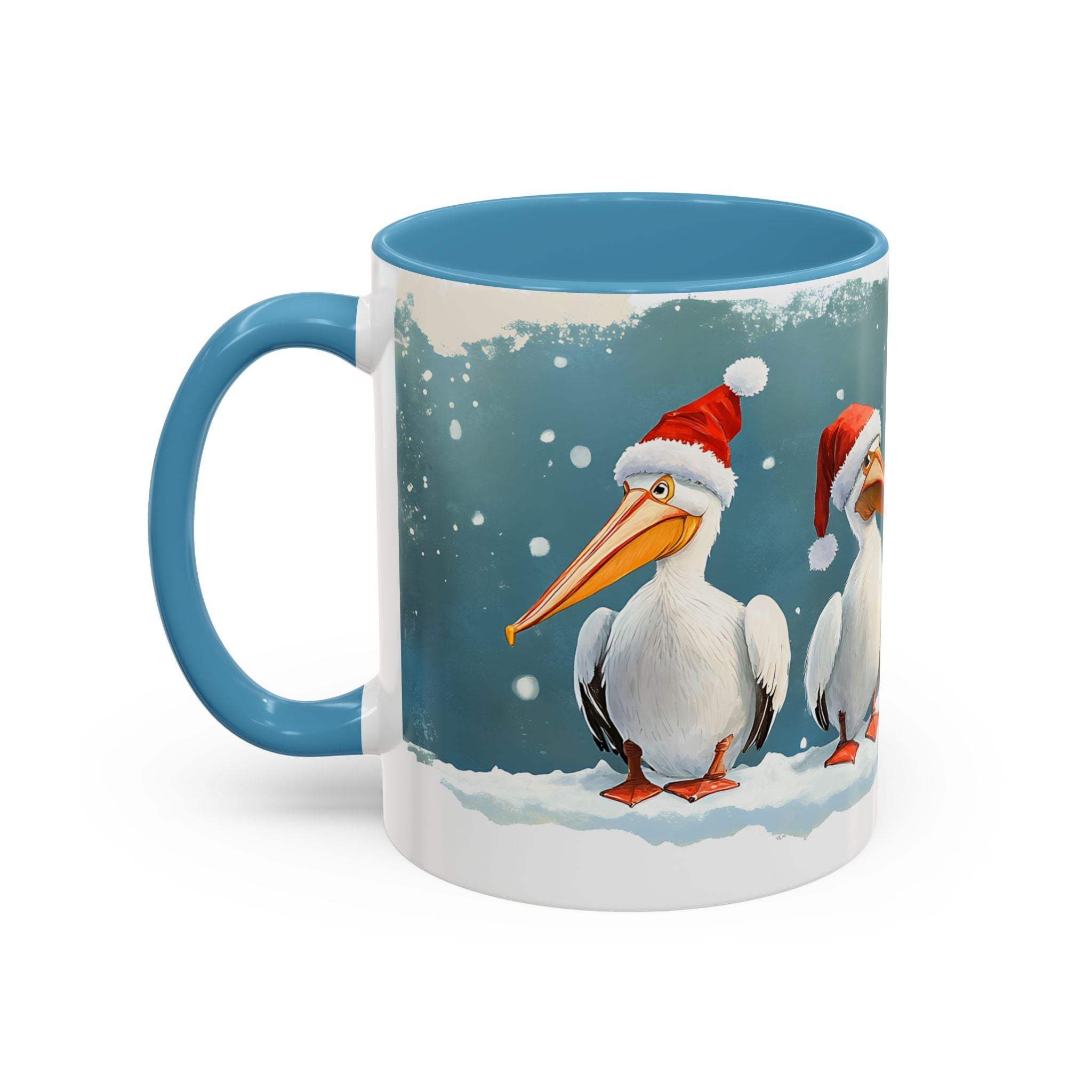 Mug with Christmas-themed design of pelicans wearing Santa hats on a snowy background.