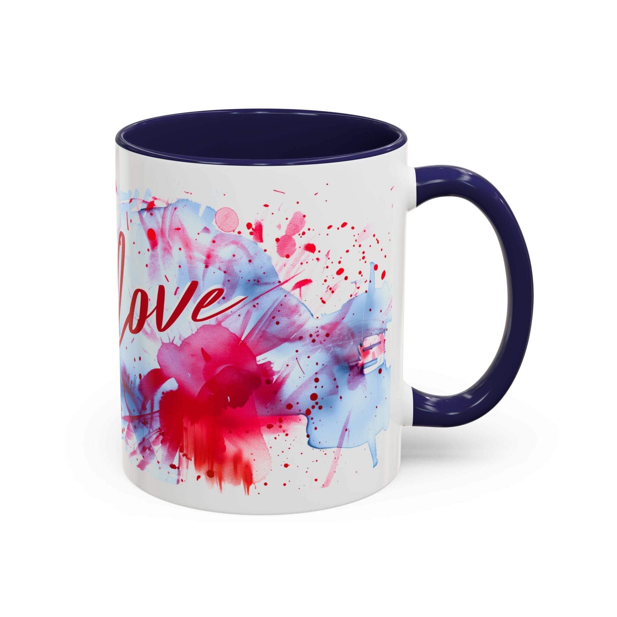 Mug with colorful abstract design and the word 'love' on a white background