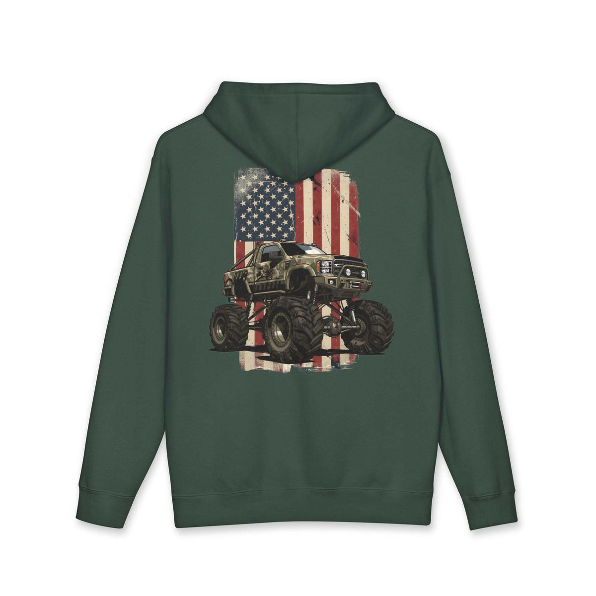 Heavyweight American Flag Monster Truck hoodie with camouflage truck graphic and distressed flag design