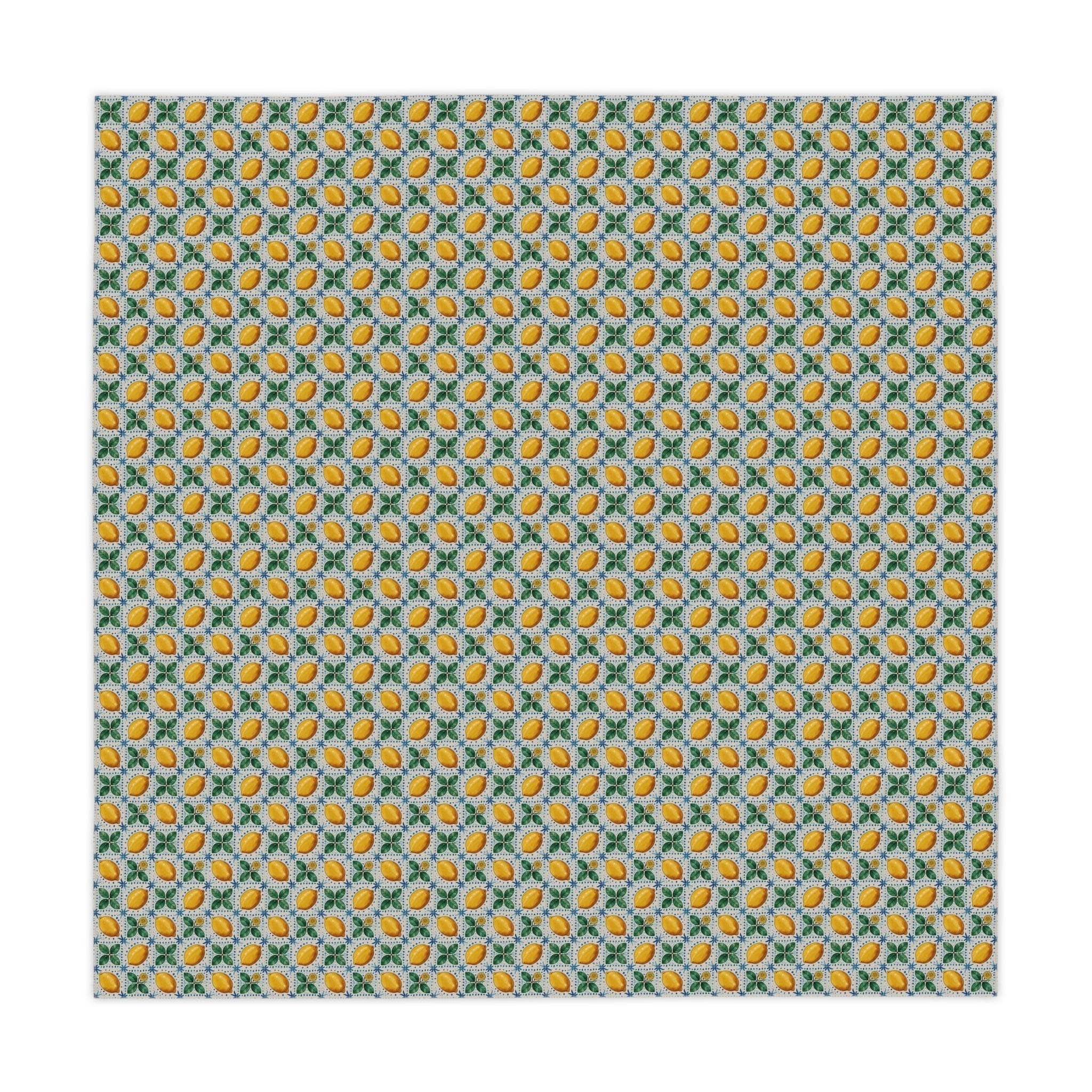 Mediterranean Lemon tablecloth with vibrant lemon pattern on soft, lightweight polyester fabric
