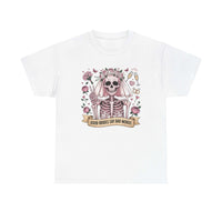 Bride Skull Illustration Tee with skeleton bride, roses, champagne, and banner saying "Good brides say bad words" on white cotton shirt