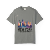 Red garment-dyed t-shirt featuring "New York State of Mind" design by Printify, size small.