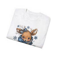 White t-shirt with retro patchwork reindeer design wearing blue scarf and surrounded by snowflakes