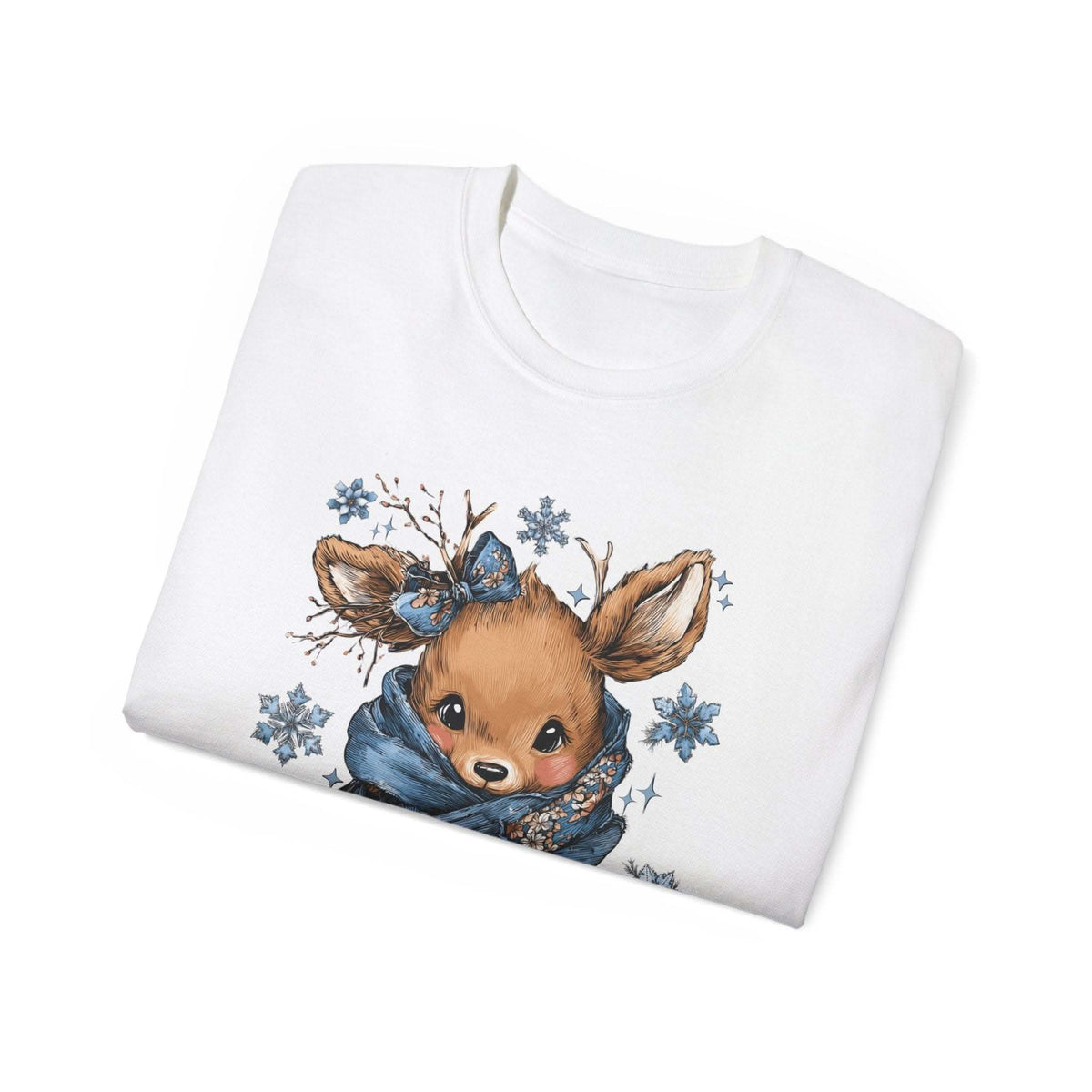 White t-shirt with retro patchwork reindeer design wearing blue scarf and surrounded by snowflakes