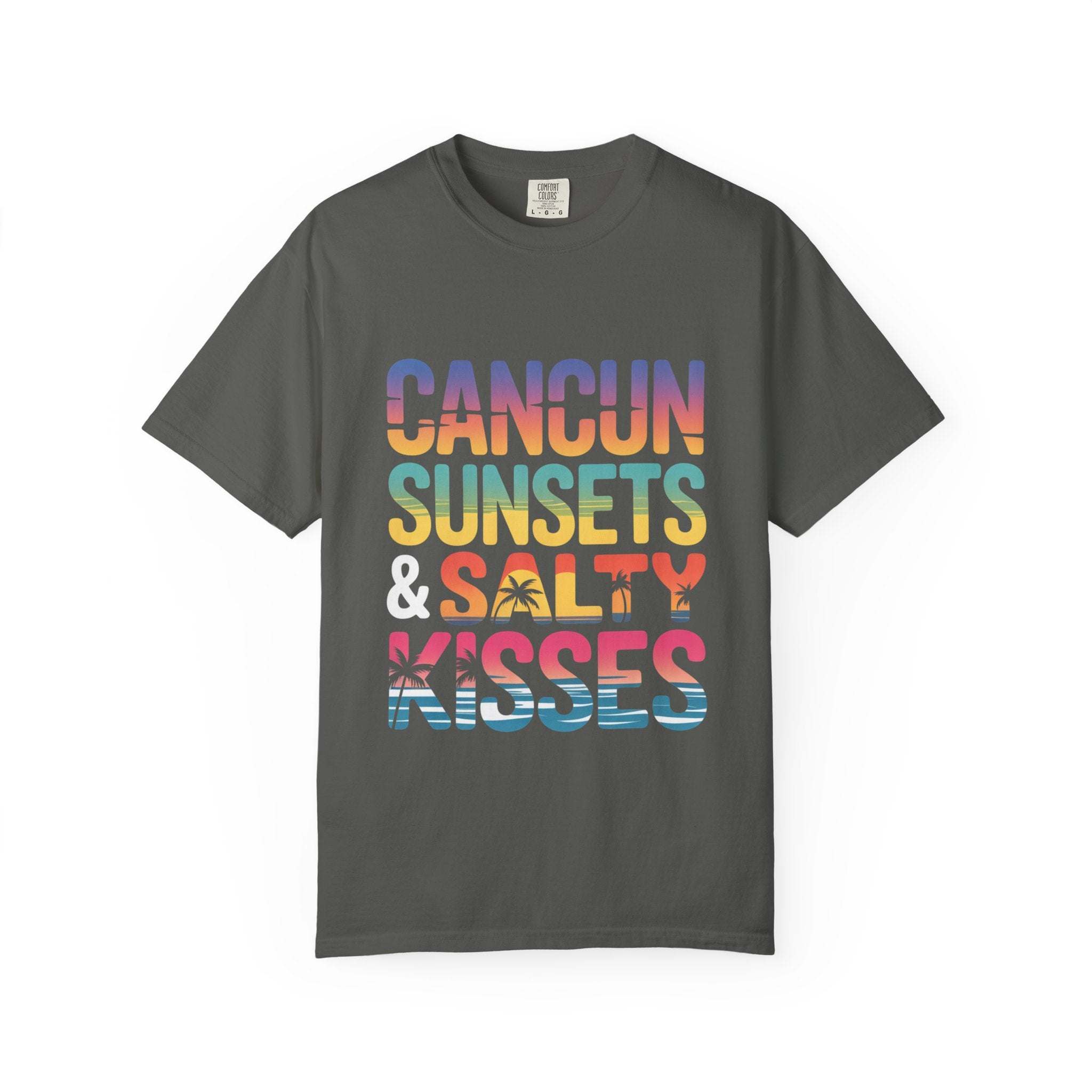 Black lightweight Cancun Sunsets Salty Kisses t-shirt with tropical design, perfect for beach vacations.