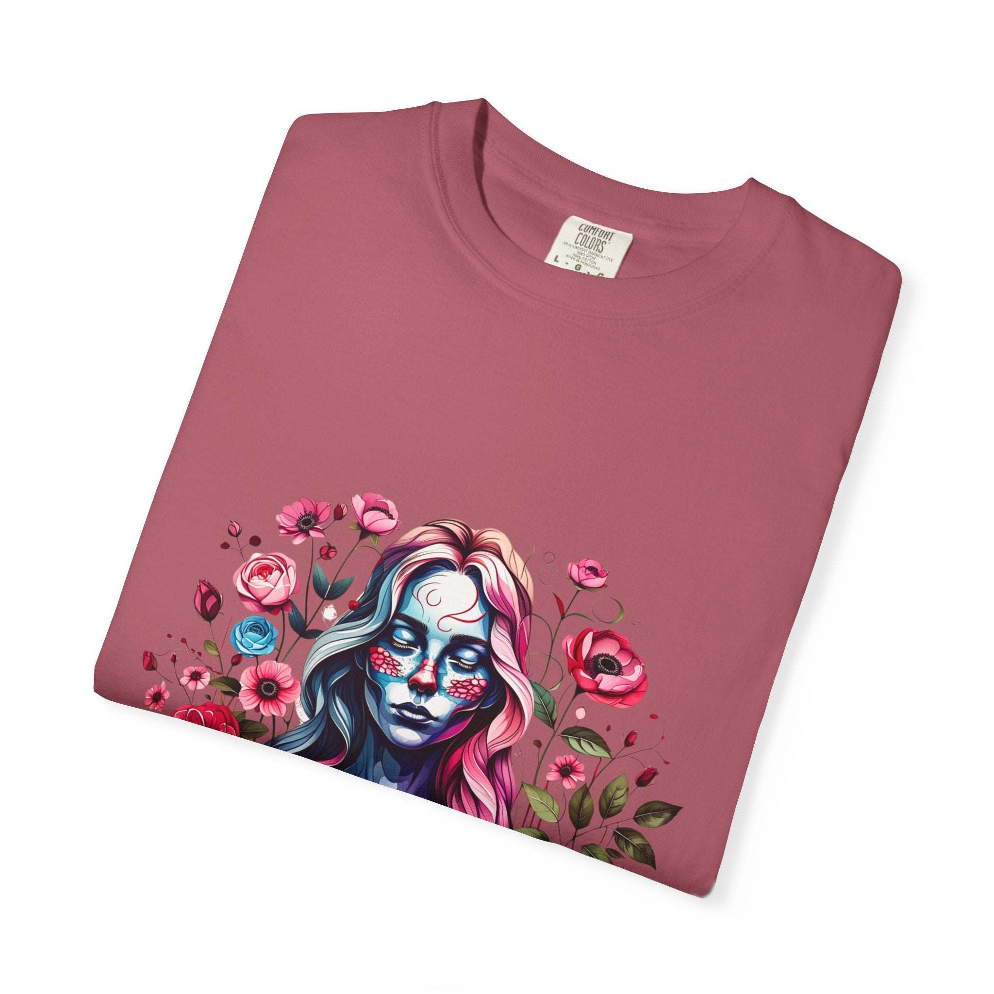 Folded soft pink floral skeleton t-shirt with elegant lady skull print