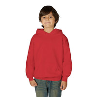 Youth wearing red Patchwork Wild Word Hoodie with kangaroo pocket and hood