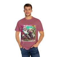 Retro Santa and Highland Cow graphic on a black t-shirt by Printify, perfect for festive holiday wear.