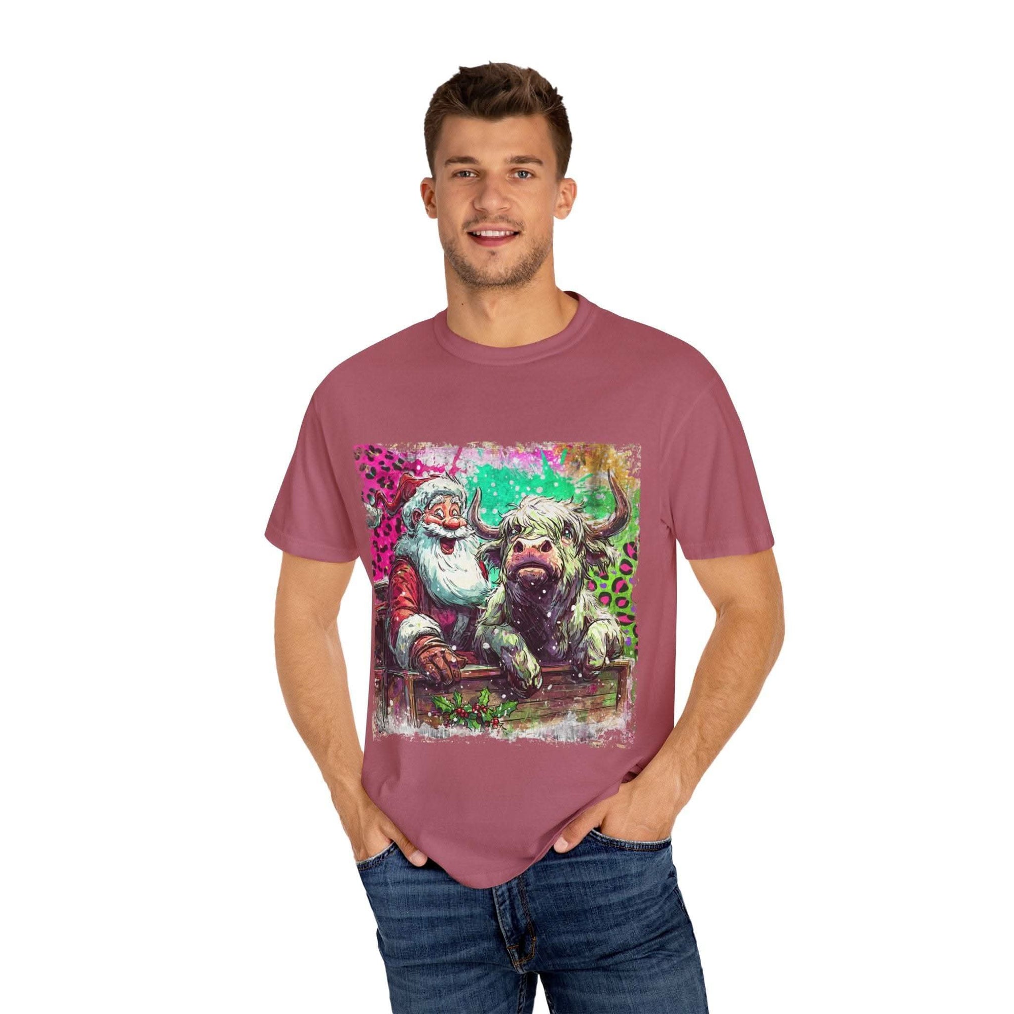 Retro Santa and Highland Cow graphic on a black t-shirt by Printify, perfect for festive holiday wear.
