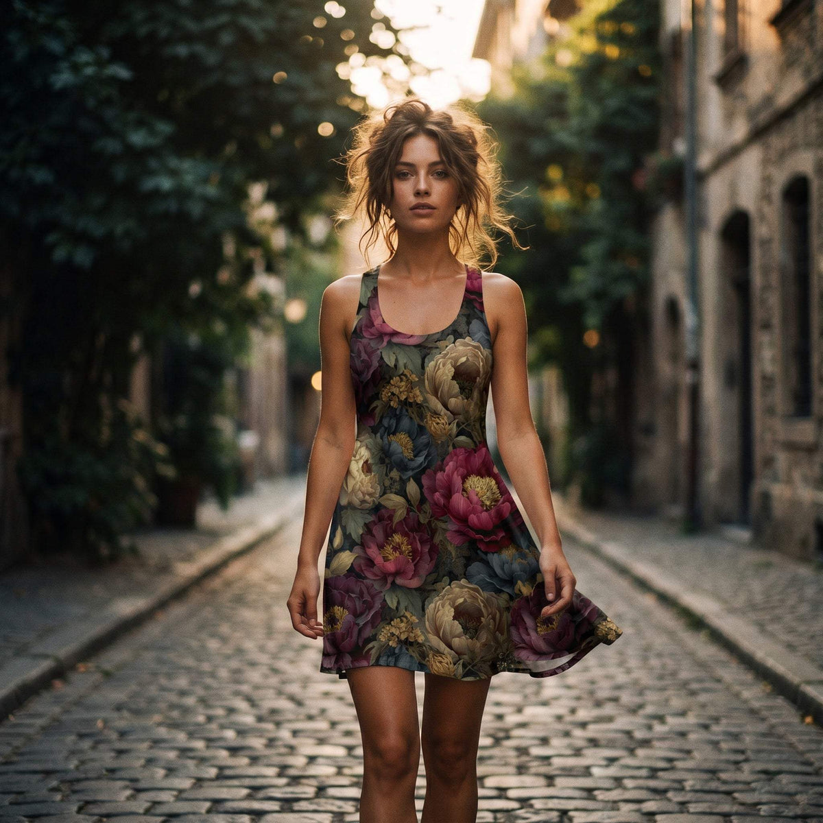Vintage dark floral racerback dress with burgundy peony print and lightweight breathable fabric