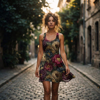 Vintage dark floral racerback dress with burgundy peony print and lightweight breathable fabric