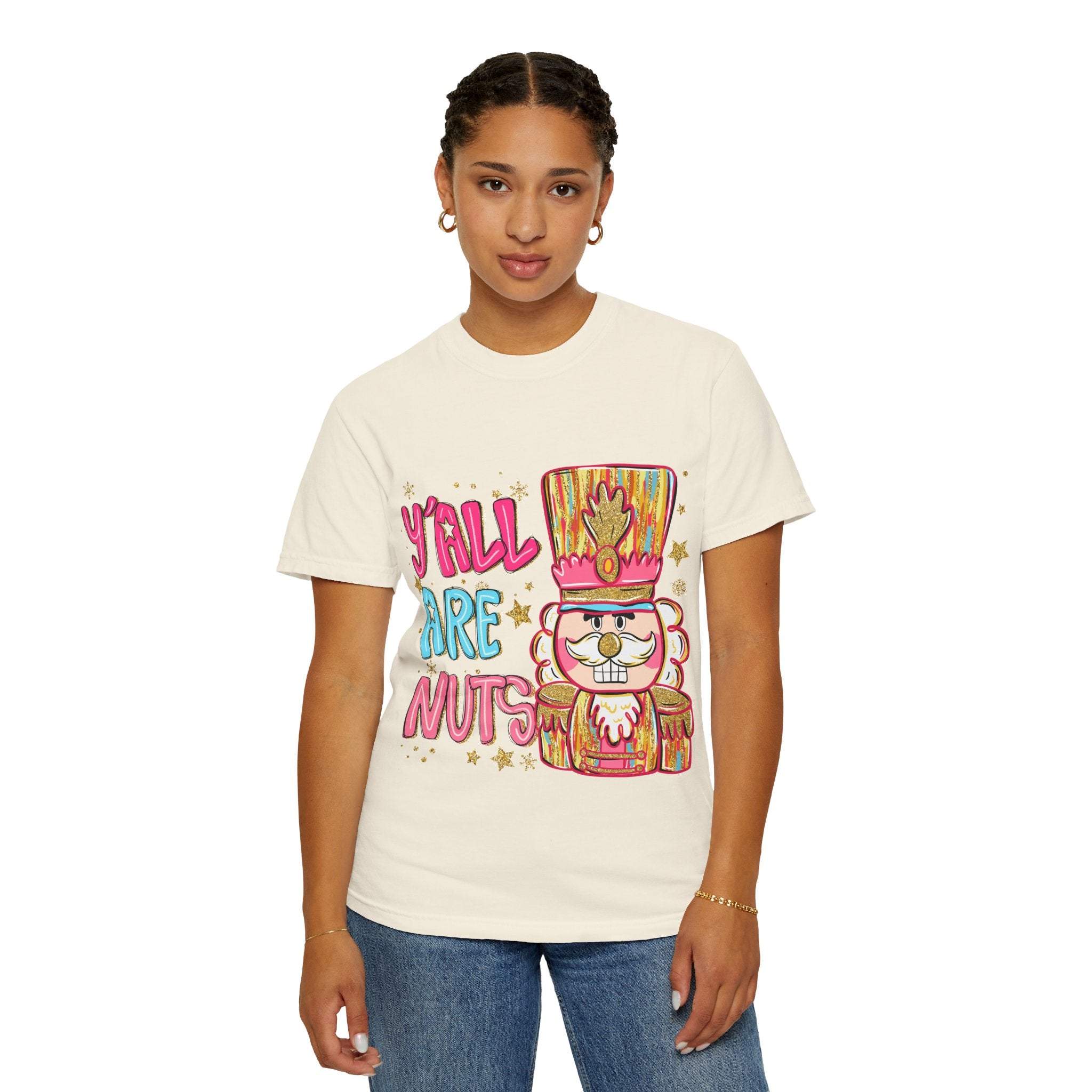 Woman wearing Yall Are Nuts Nutcracker festive graphic cotton T-shirt
