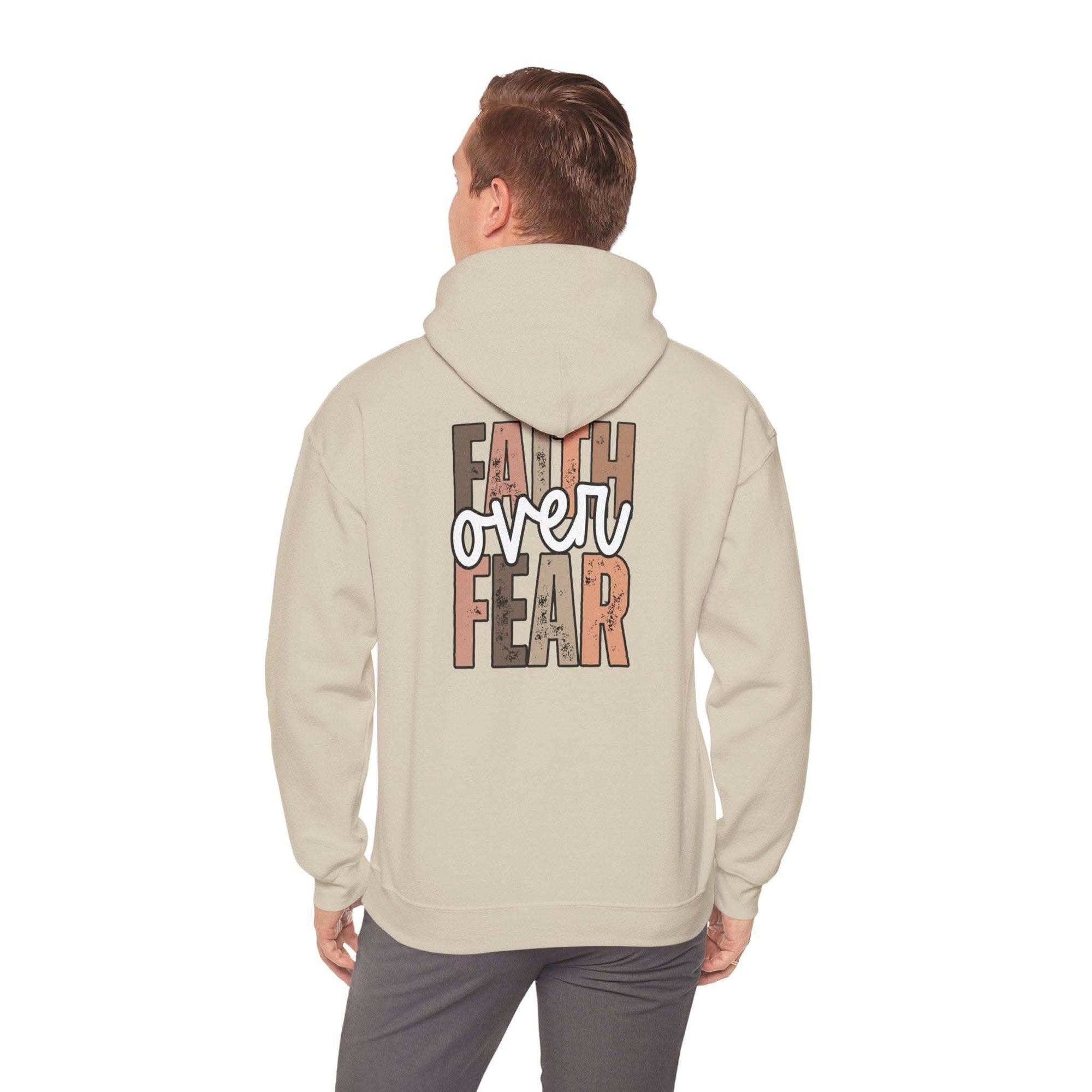 Faith Over Fear Hoodie with Walk by Faith inspirational Christian design and cozy double-lined hood.