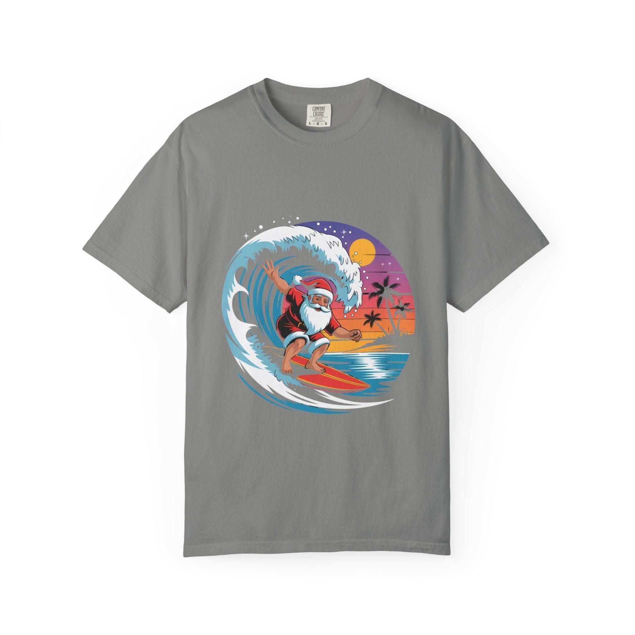 True Navy cotton t-shirt featuring a festive Surfing Santa design, ideal for Christmas holiday celebrations.