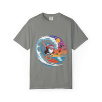 True Navy cotton t-shirt featuring a festive Surfing Santa design, ideal for Christmas holiday celebrations.