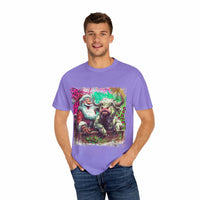 Retro Santa and Highland Cow graphic on a black t-shirt by Printify, perfect for festive holiday wear.