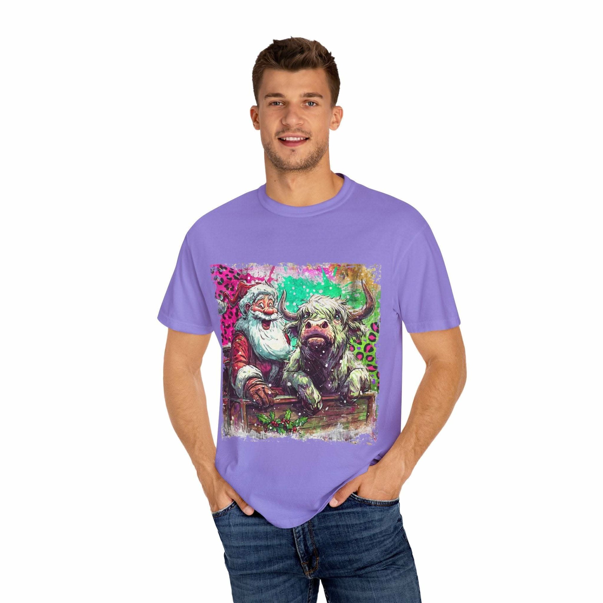 Retro Santa and Highland Cow graphic on a black t-shirt by Printify, perfect for festive holiday wear.