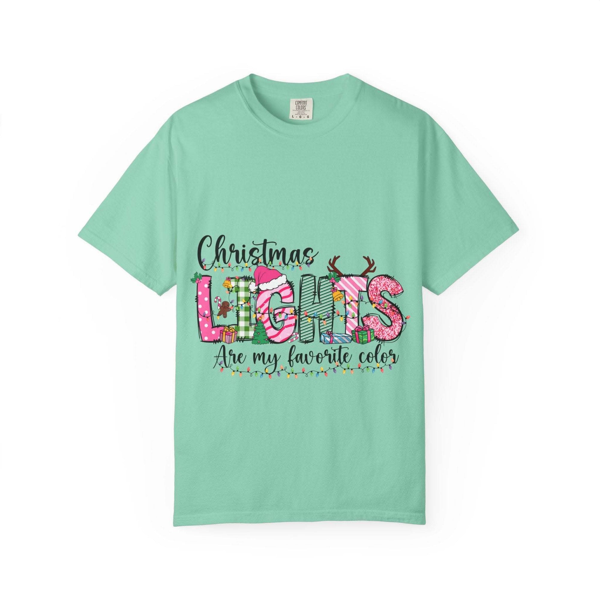 Christmas Lights Are My Favorite Color T-shirt in soft garment-dyed cotton with relaxed fit and festive holiday text design