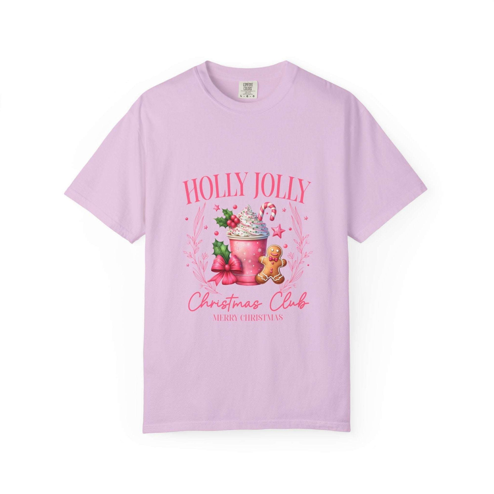 Unisex garment-dyed black Christmas t-shirt with 'Holly Jolly Christmas Club' design by Printify