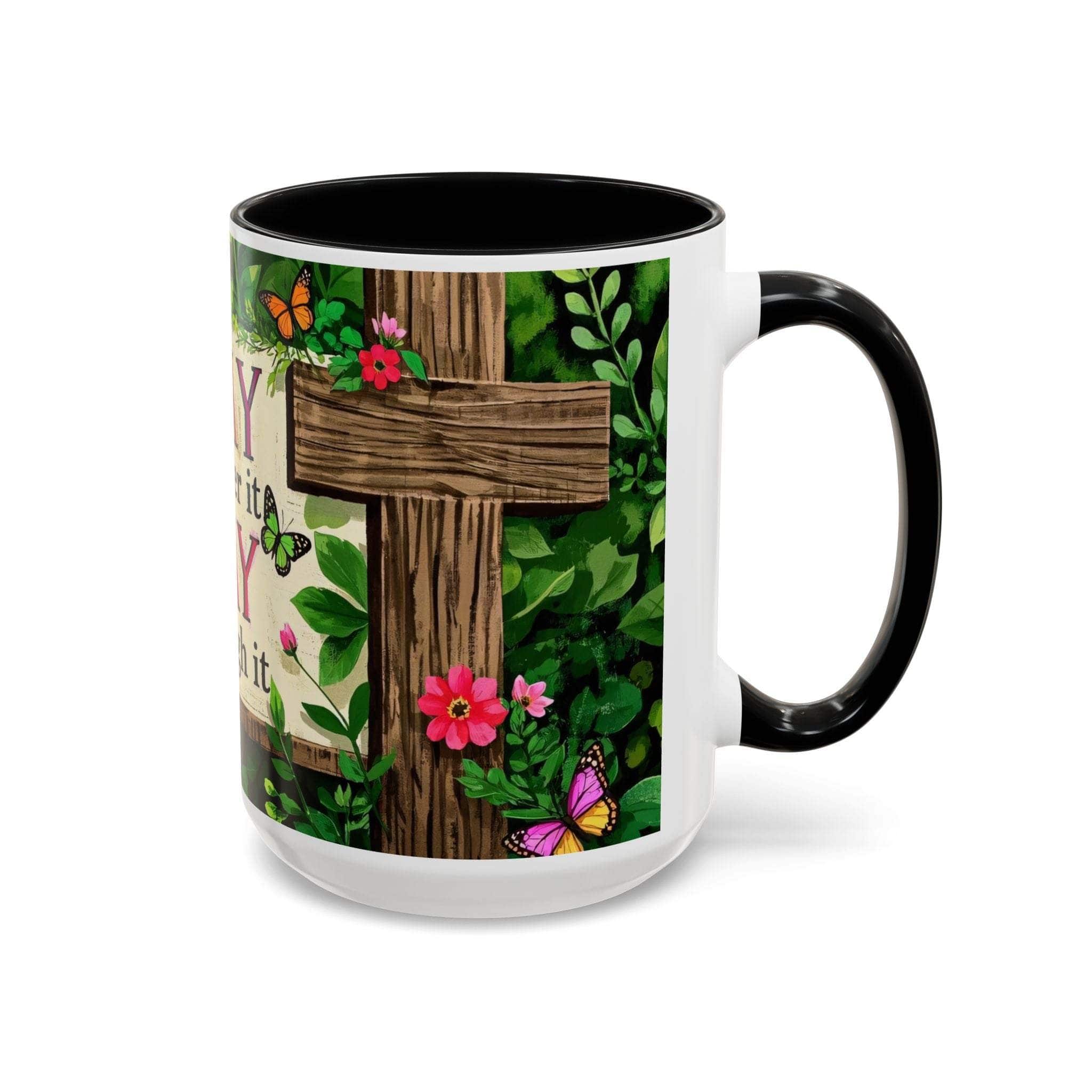 Mug with a cross and floral design on a white background