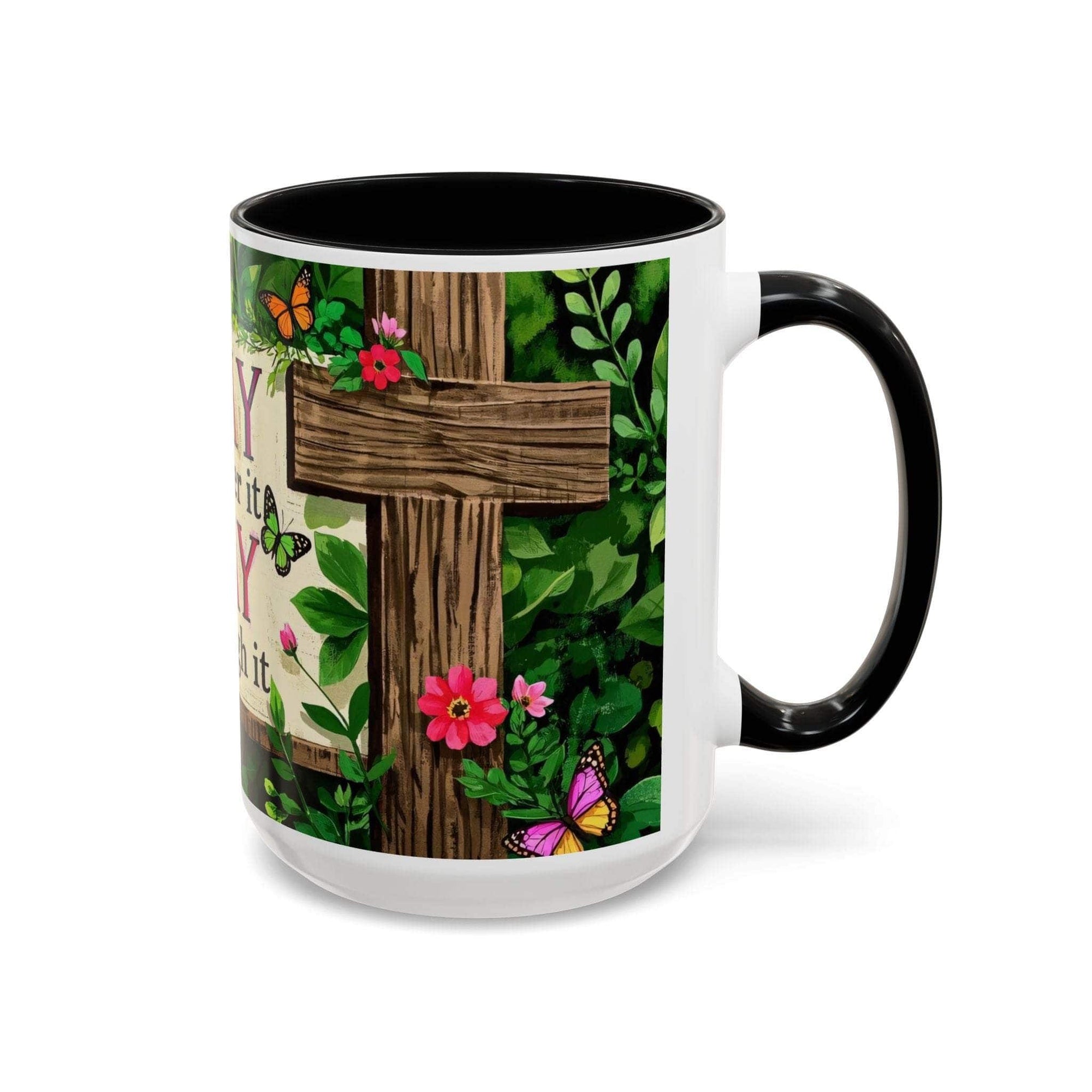 Mug with a cross and floral design on a white background
