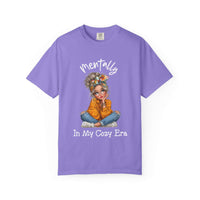 Purple t-shirt with a graphic of a woman and text on a white background