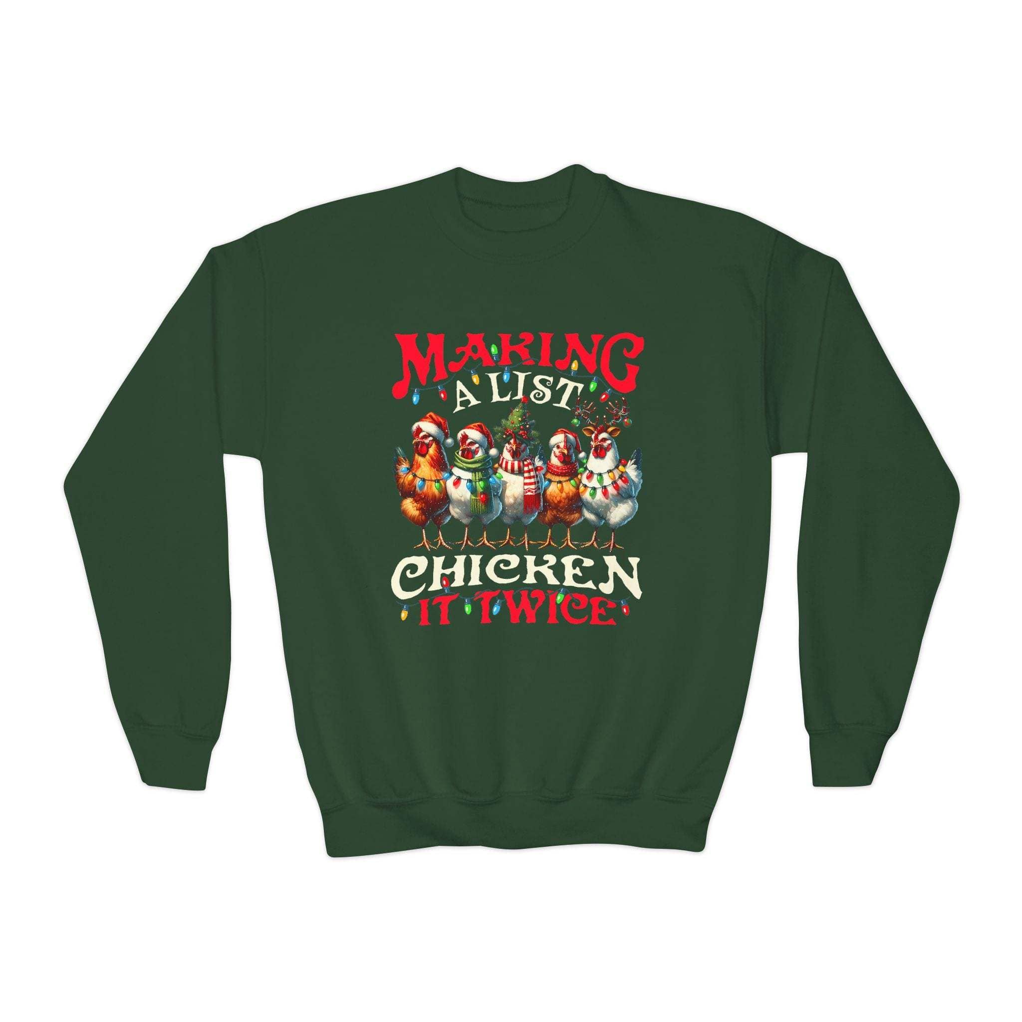 Navy youth crewneck sweatshirt featuring 'Making a List Chicken it Twice' graphic by Printify