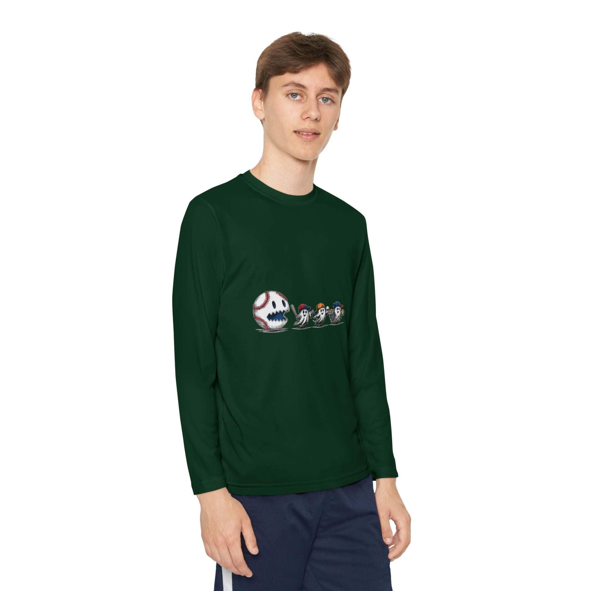 Youth long sleeve tee with baseball eating Halloween ghosts graphic design