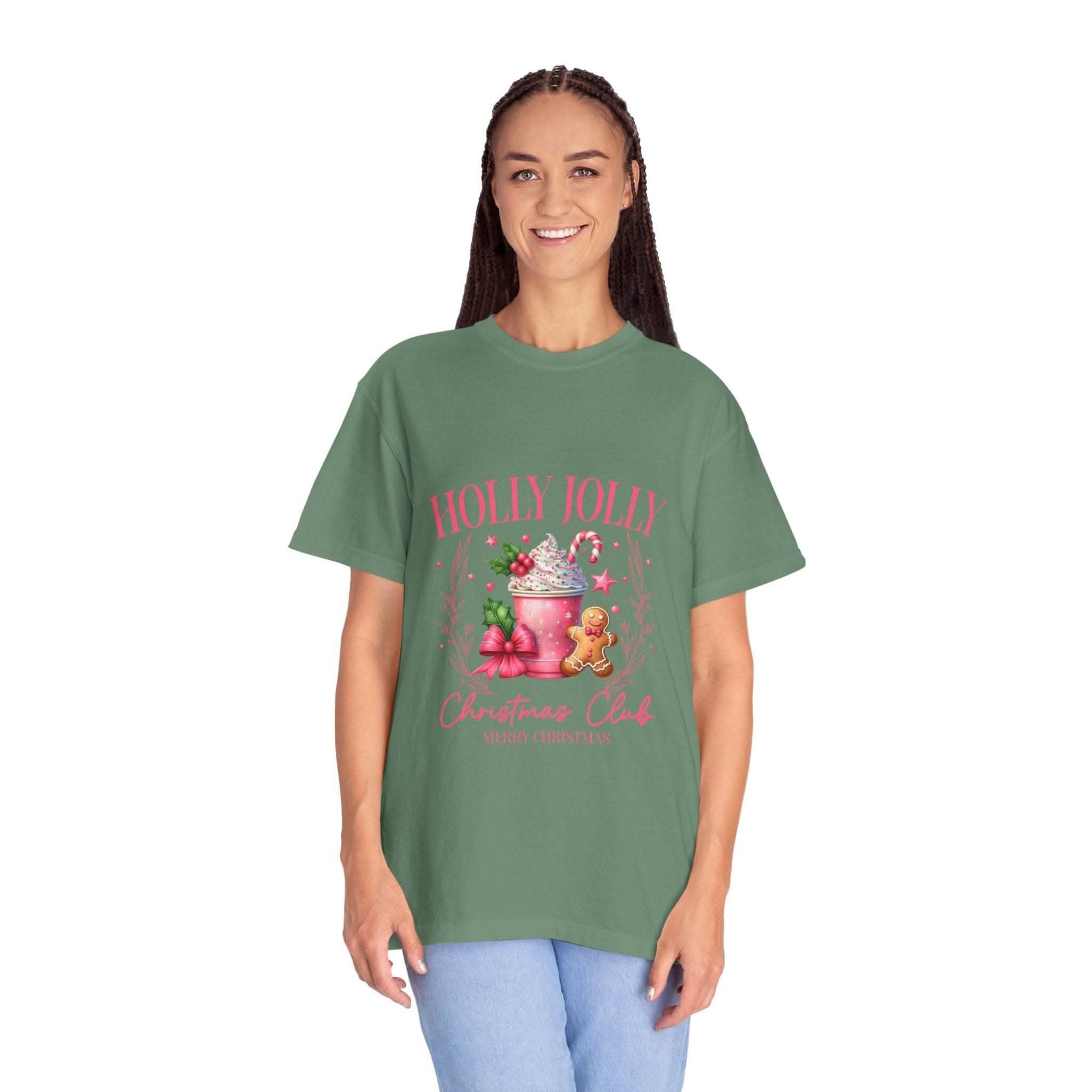 Unisex garment-dyed black Christmas t-shirt with 'Holly Jolly Christmas Club' design by Printify
